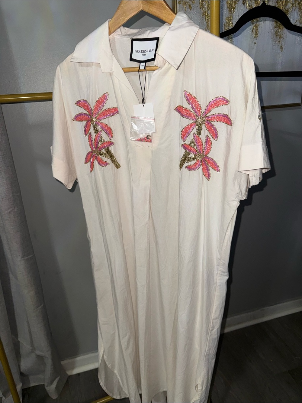Cream Embroidered Palm-Print Shirt Dress - Pink Accent
